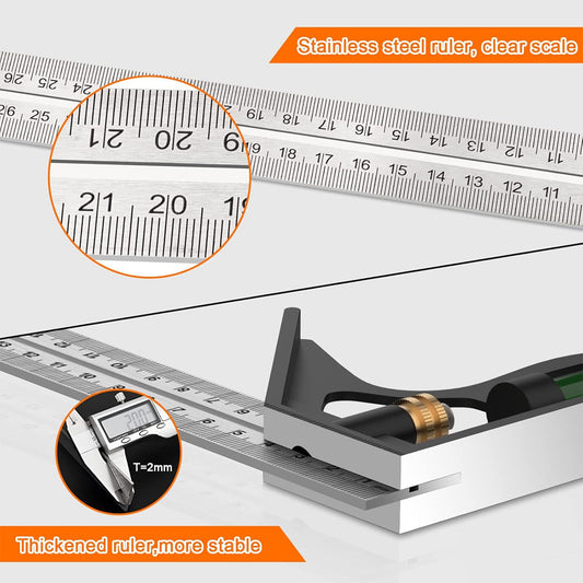 Outils de Menuiserie Carrée en Acier Inoxydable de 12'/300 mm, Règle de 45/90 Degrés avec Niveau à Bulle.