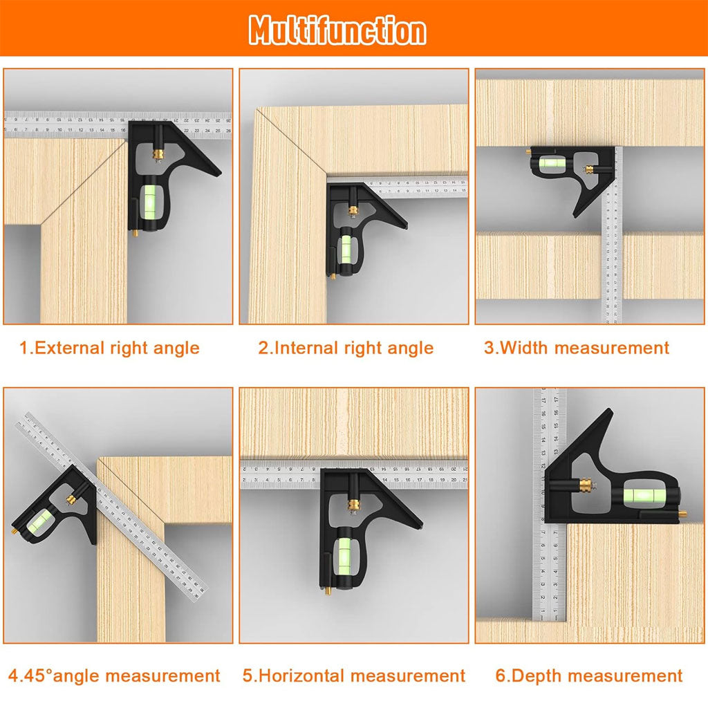 Outils de Menuiserie Carrée en Acier Inoxydable de 12'/300 mm, Règle de 45/90 Degrés avec Niveau à Bulle.