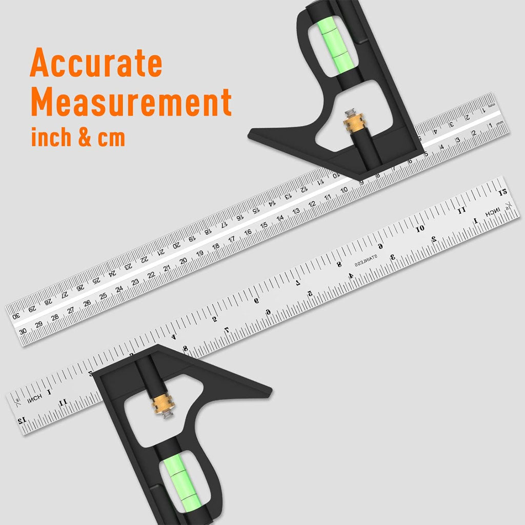 Outils de Menuiserie Carrée en Acier Inoxydable de 12'/300 mm, Règle de 45/90 Degrés avec Niveau à Bulle.