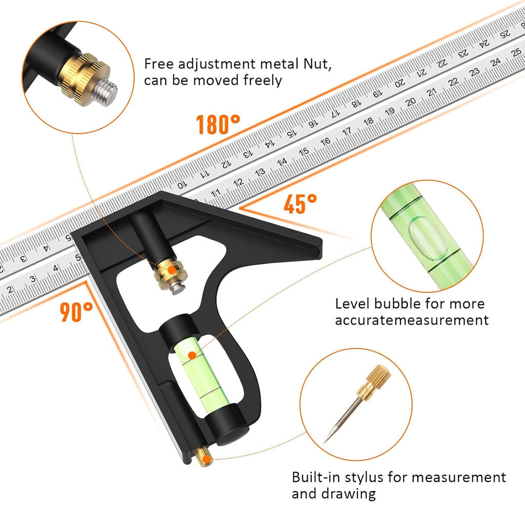 Outils de Menuiserie Carrée en Acier Inoxydable de 12'/300 mm, Règle de 45/90 Degrés avec Niveau à Bulle.