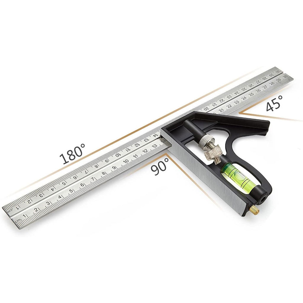 Outils de Menuiserie Carrée en Acier Inoxydable de 12'/300 mm, Règle de 45/90 Degrés avec Niveau à Bulle.