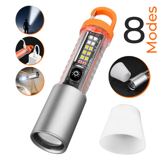 Lampe de Poche LED Multi-Fonction avec Zoom, Laser et 8 Modes d’Éclairage – Torche Étanche pour Camping d’Urgence avec Magnet