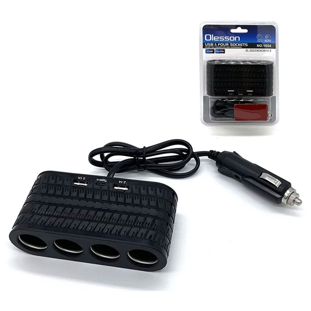 OLESSON 1654 Chargeur de Voiture 4 Sockets Lighter Cigarette 2 Adaptateur de Charge USB + 1 Type-C