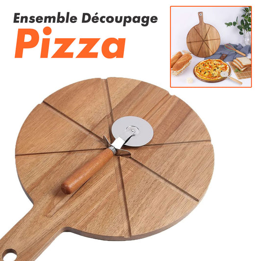 Planche à Découper en Bois avec 8 Rainures Avec Roulette pour Trancher et Portionner votre Pizza